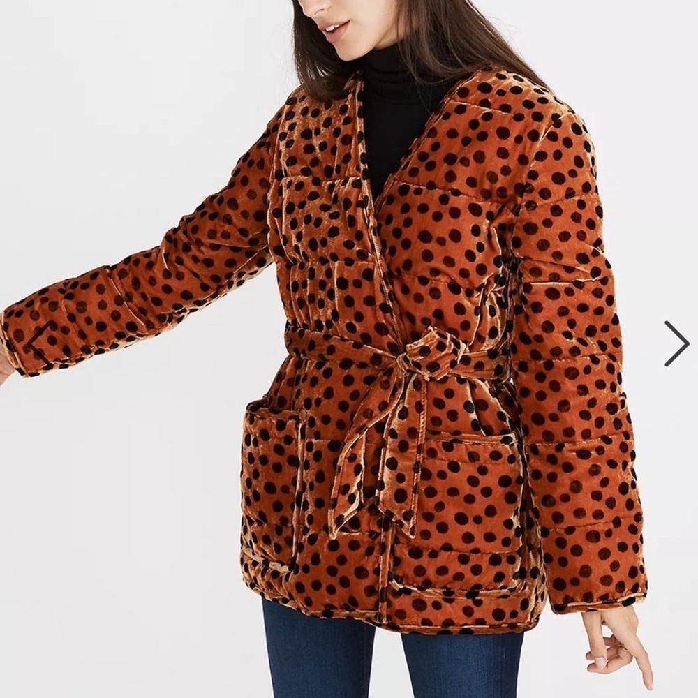 Madewell Velvet Quilted Wrap Jacket in Leopard Dot Collarless size XS - Picture 14 of 14